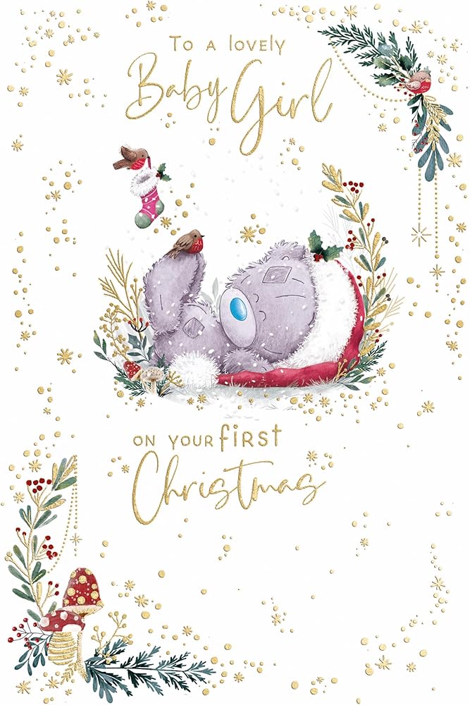 Bear And Pink Stocking Baby Girl's First Christmas Card