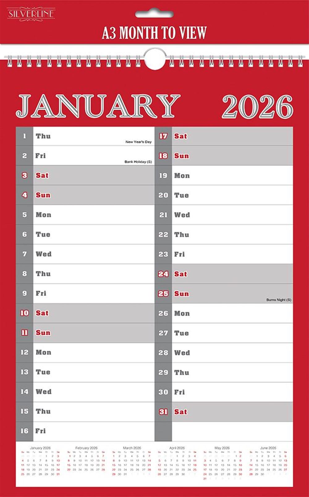 A3 Month To View Calendar 2026 – 297mm x 420mm