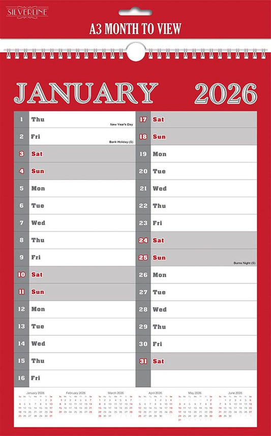 A3 Month To View Calendar 2026 – 297mm x 420mm
