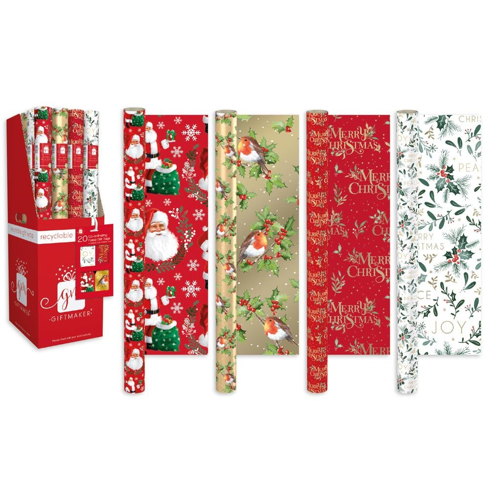 Pack of 4 7m Traditional Festive Christmas Gift Wrap Rolls