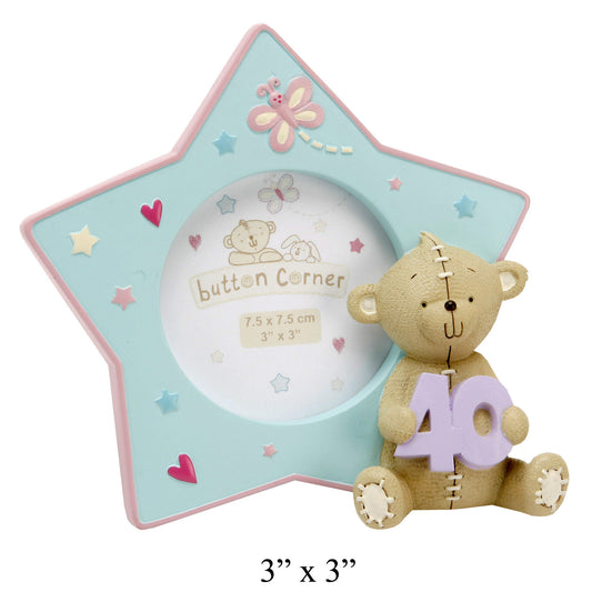 Button Corner Star Shaped Resin Photo Frame 3" x 3" - "40" Birthday Keepsake
