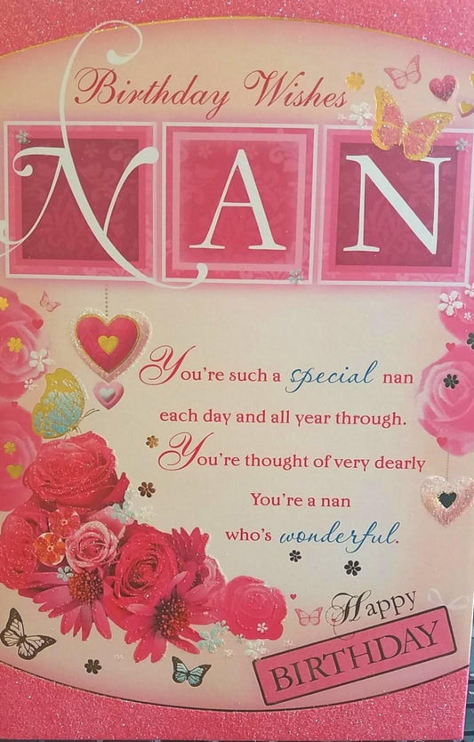 For Nan Floral Design Glitter Finished Birthday Card