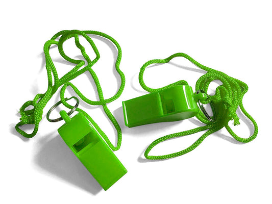 Pack of 15 Green Plastic Whistles with Lanyard Neck Cord