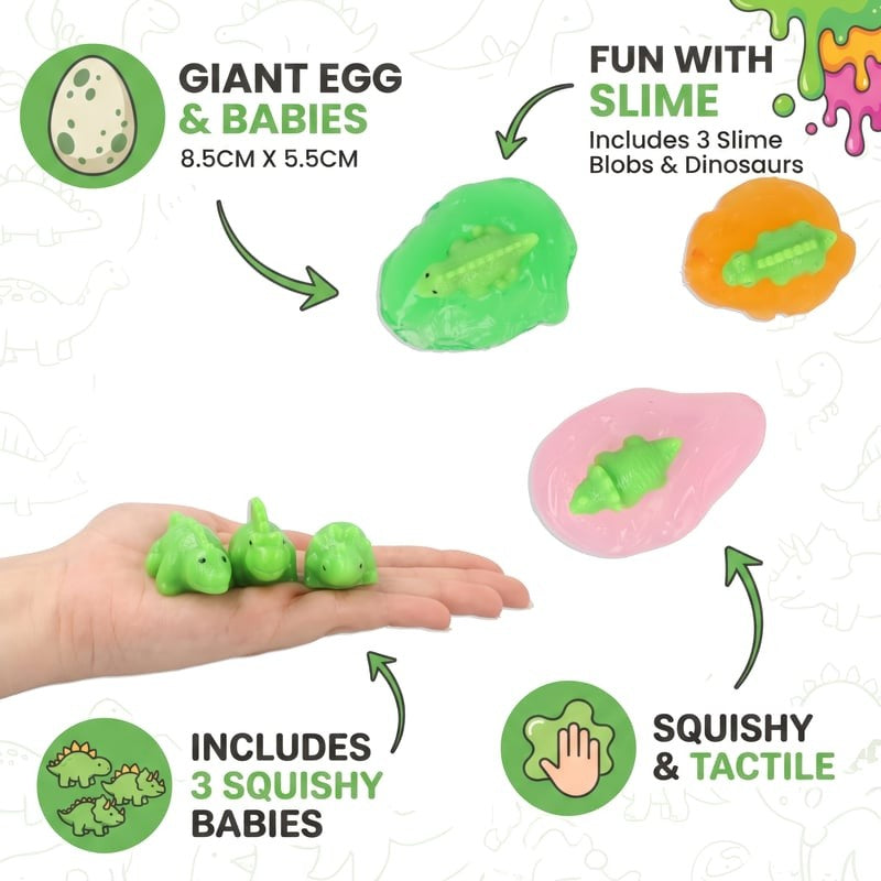 Pack of 12 Dinosaur Eggs with Squishy Baby Dinosaur in Slime