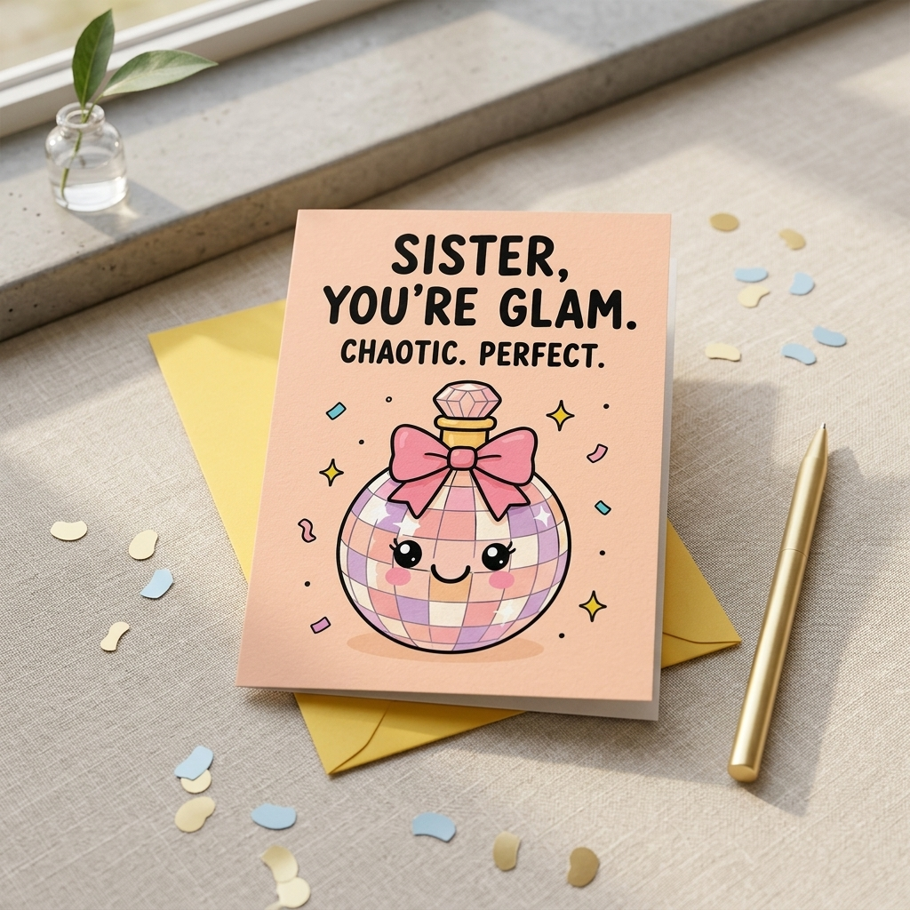 Sister You're Glam Chaotic Perfect Birthday Card
