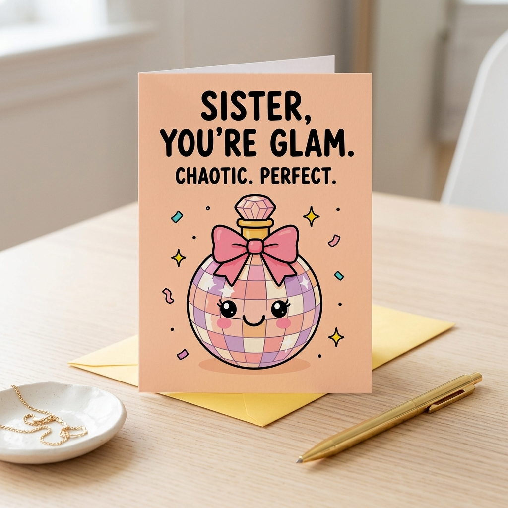 Sister You're Glam Chaotic Perfect Birthday Card