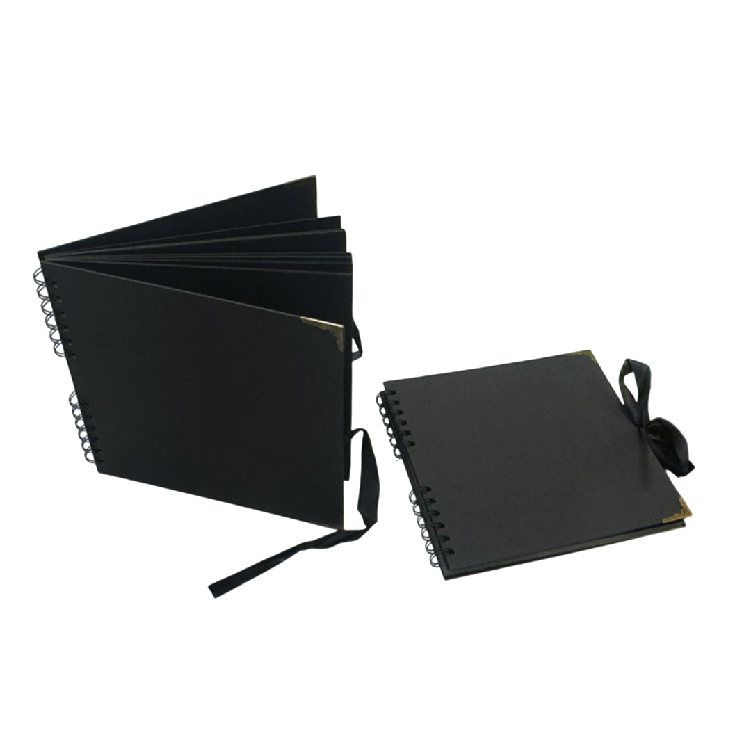 Pack of 2 Spiral Bound 180gsm Black Scrapbooks with Ribbon Closure and Metal Corners - 30 Sheets 20x20cm