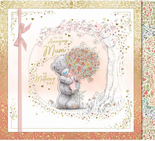 Bear Holding Bouquet Amazing Mum Luxury Handmade Mother's Day Card With Keepsake Box