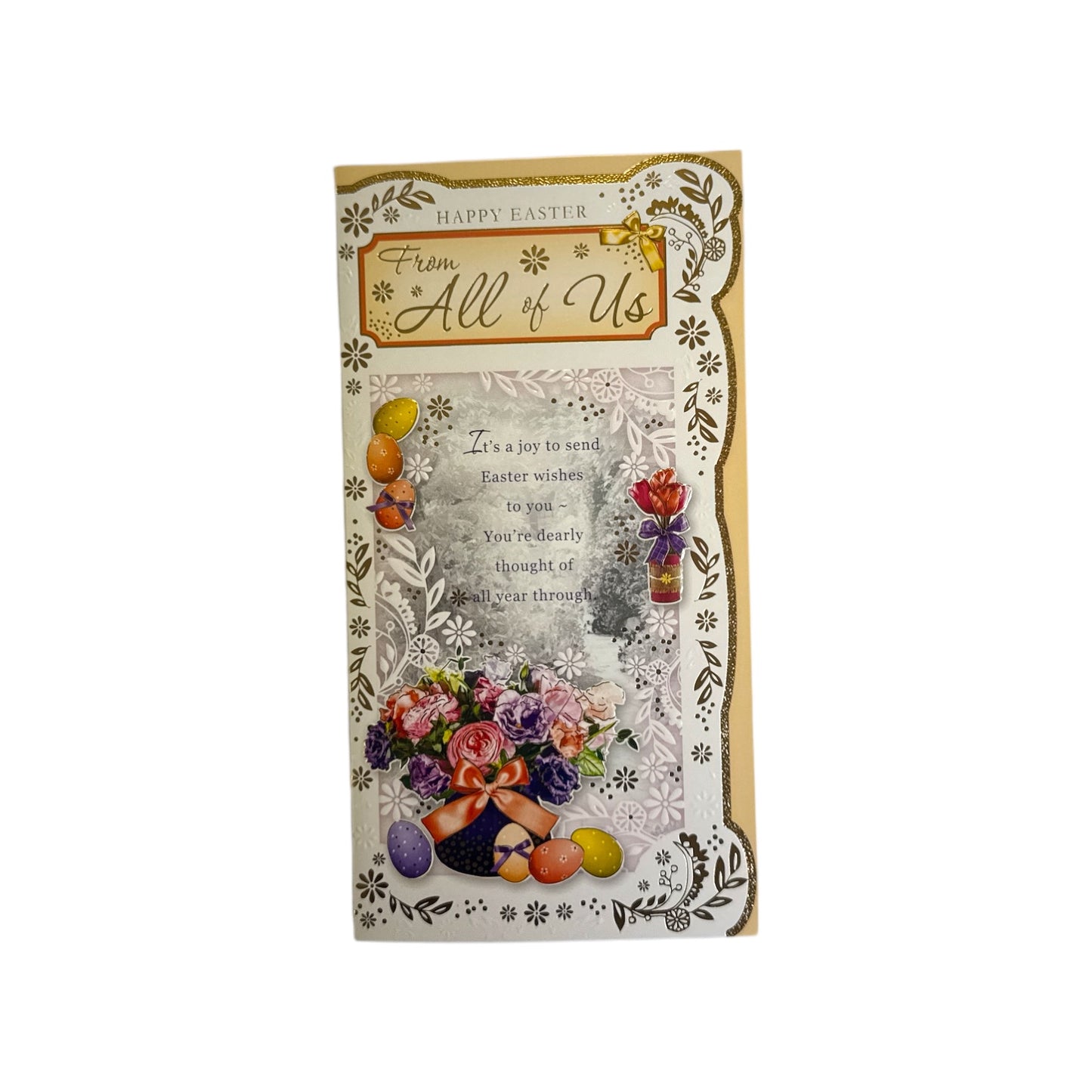 From All Of Us Spring Flower Basket with Eggs Design Easter Card