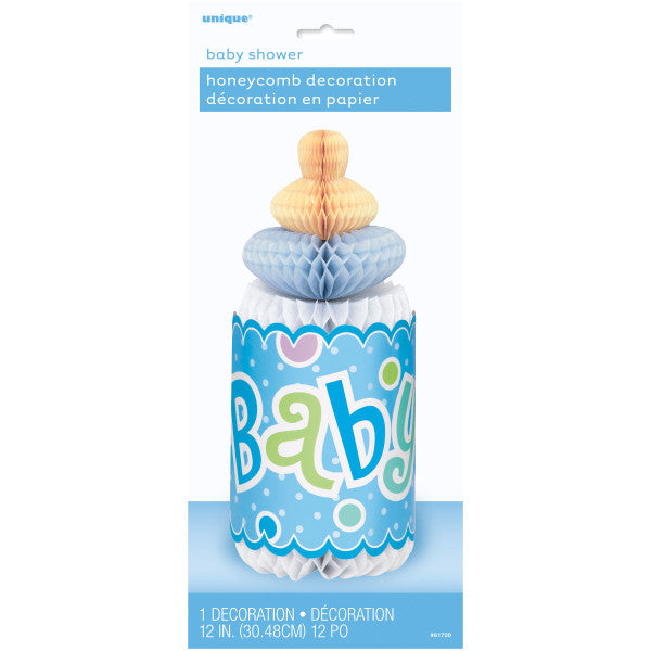 Blue Dots Baby Shower Bottle Shaped Honeycomb Decoration, 12"