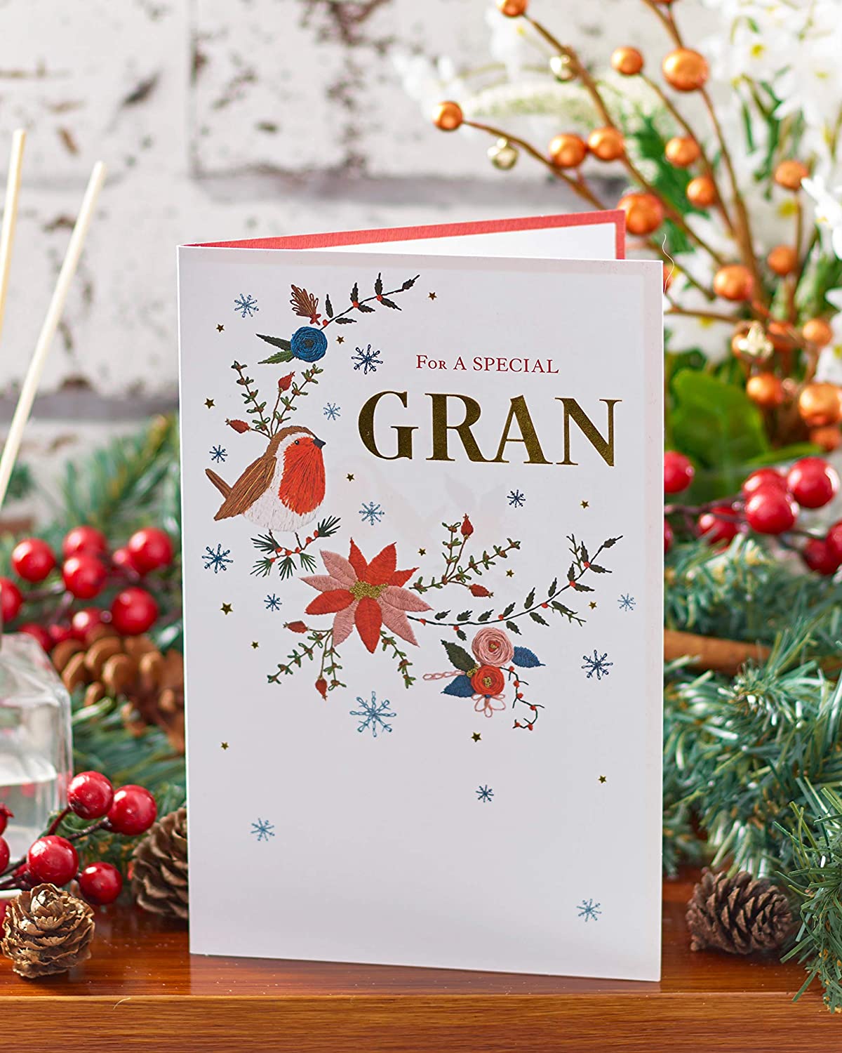 Special Gran Floral Design Embroidery Hand Finished Christmas Card
