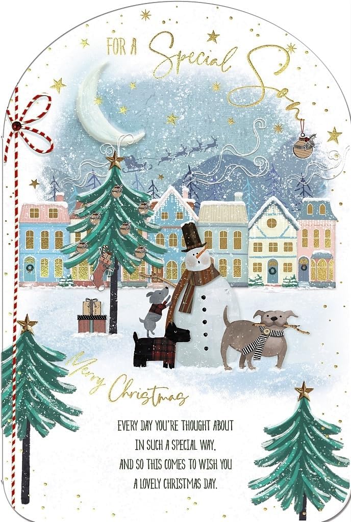Dogs With A Snowman Son Christmas Card
