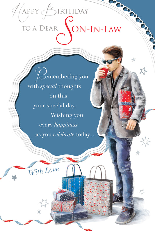 Happy Birthday To A Dear Son In Law Man With Gifts Design Celebrity Style Card
