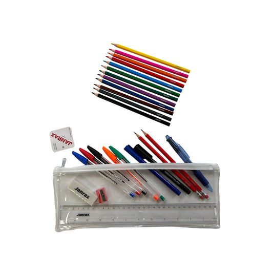 Stationery Filled White Zip 13x5" Pencil Case with Colouring Pencils