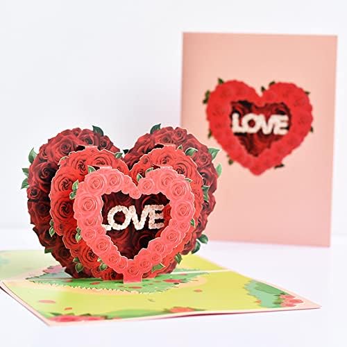 Triple Rose Heart "LOVE" 3D Pop Up Greeting Card - Valentine's Day Wedding Anniversary Birthday