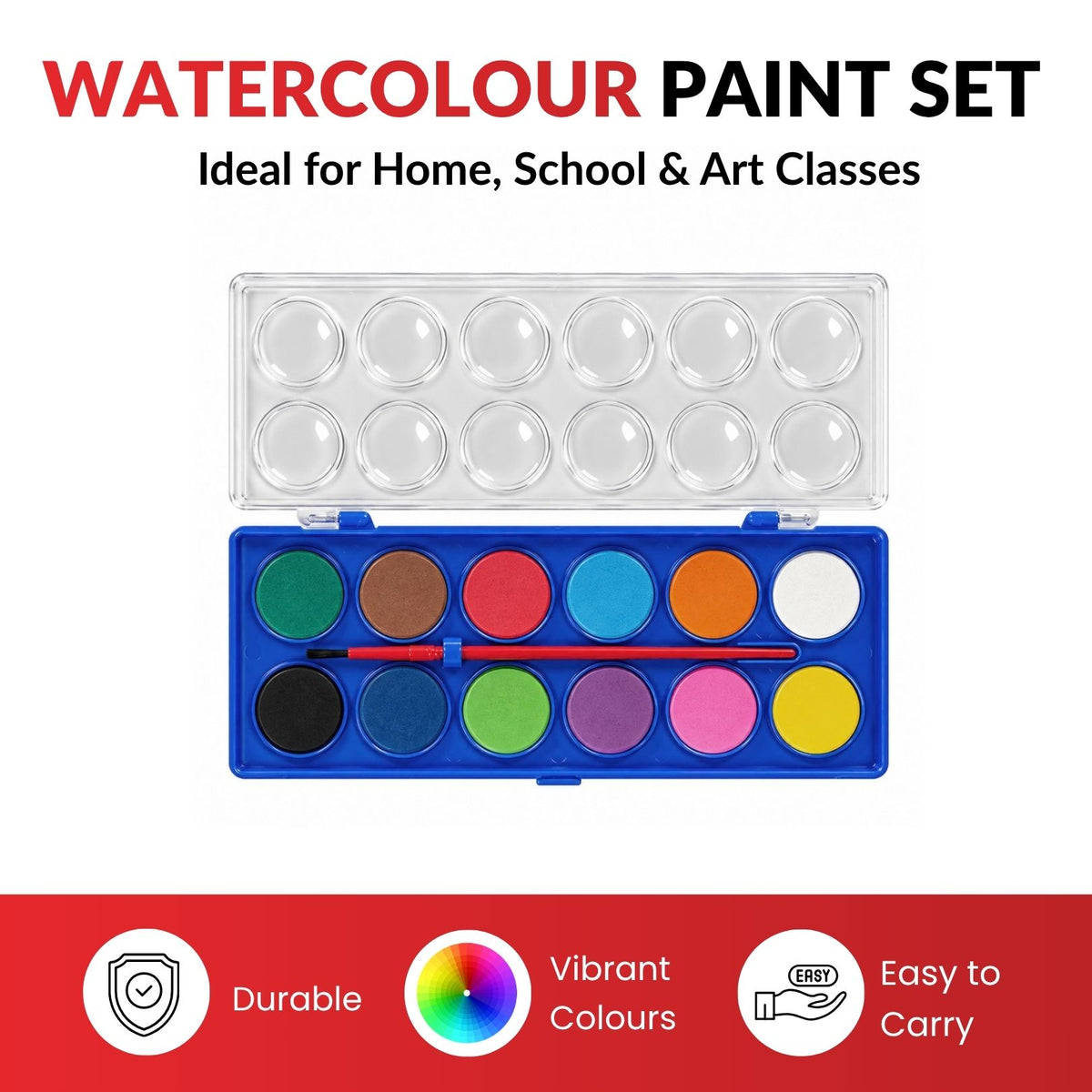 12 Sets of 12 Solid Watercolour With Brush in Plastic Case