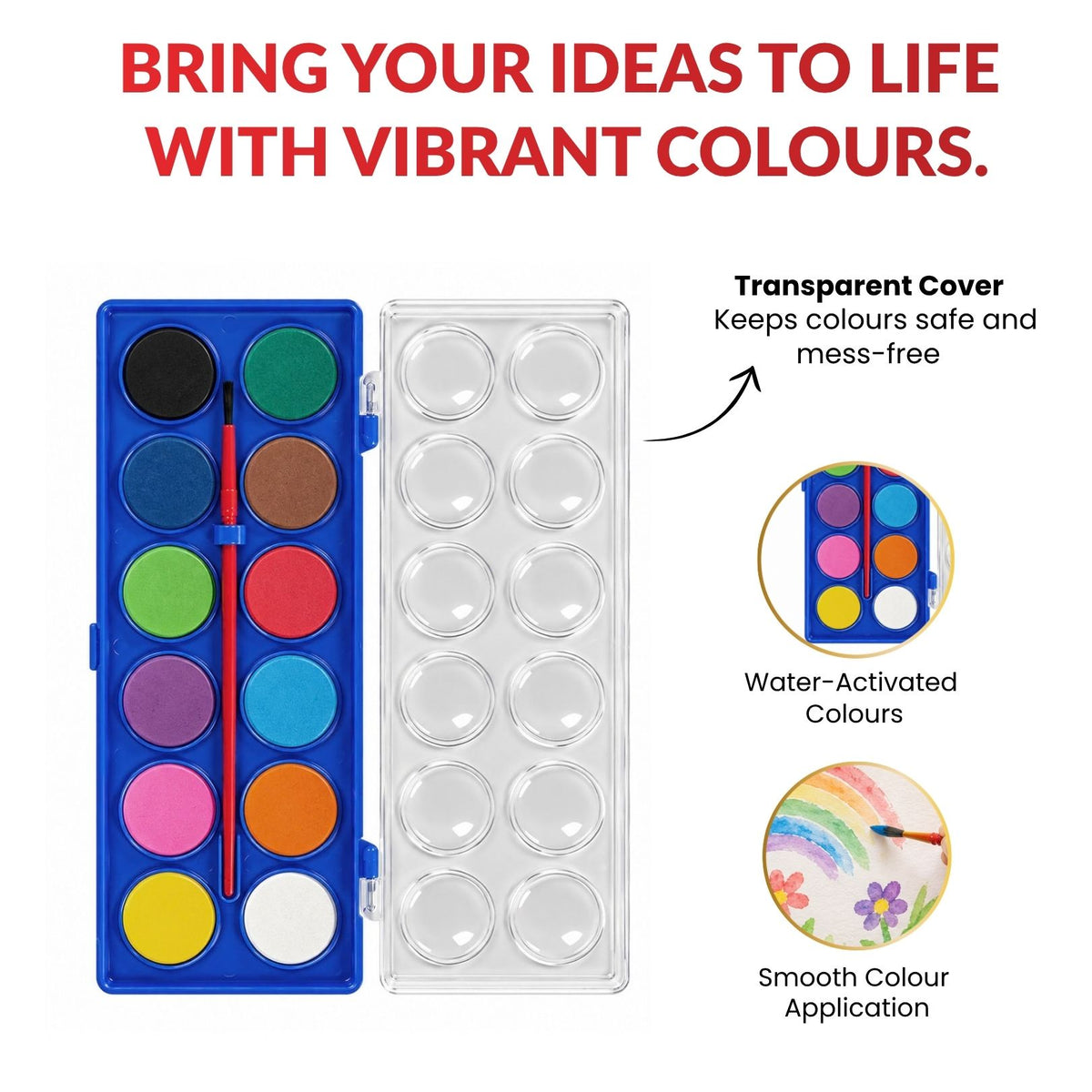 12 Sets of 12 Solid Watercolour With Brush in Plastic Case