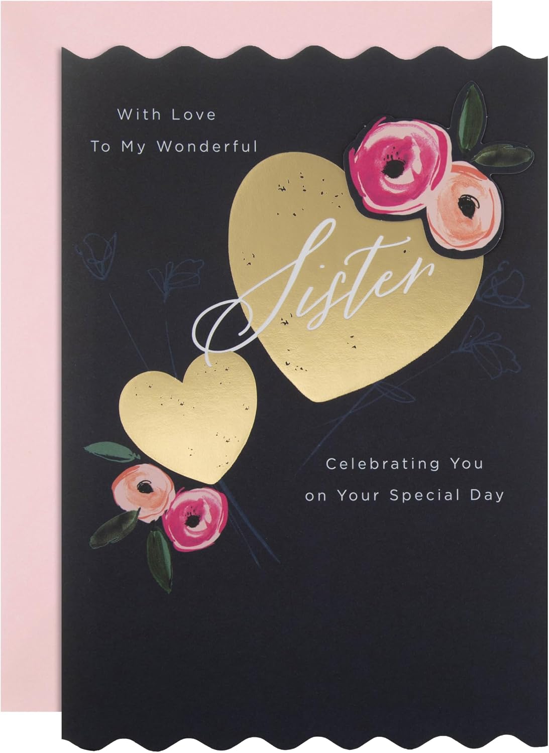 Gold Heart & Pink Flowers Sister Birthday Card