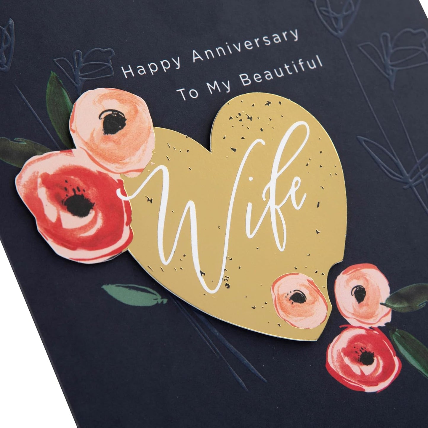 Gold Heart & Pink Flowers Wife Anniversary Card