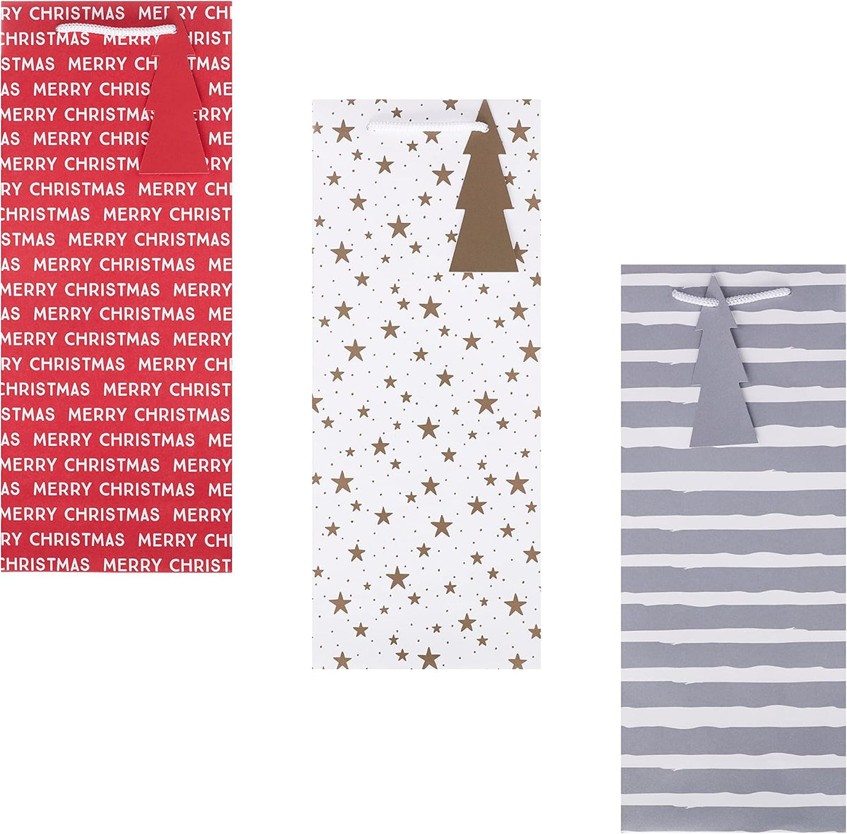 Festive Design Pack of 3, Red, Silver and Gold Christmas Bottle Gift Bags
