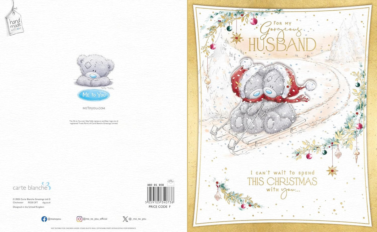 Bears On A Sledge in the Snow Wonderful Husband Boxed Christmas Card