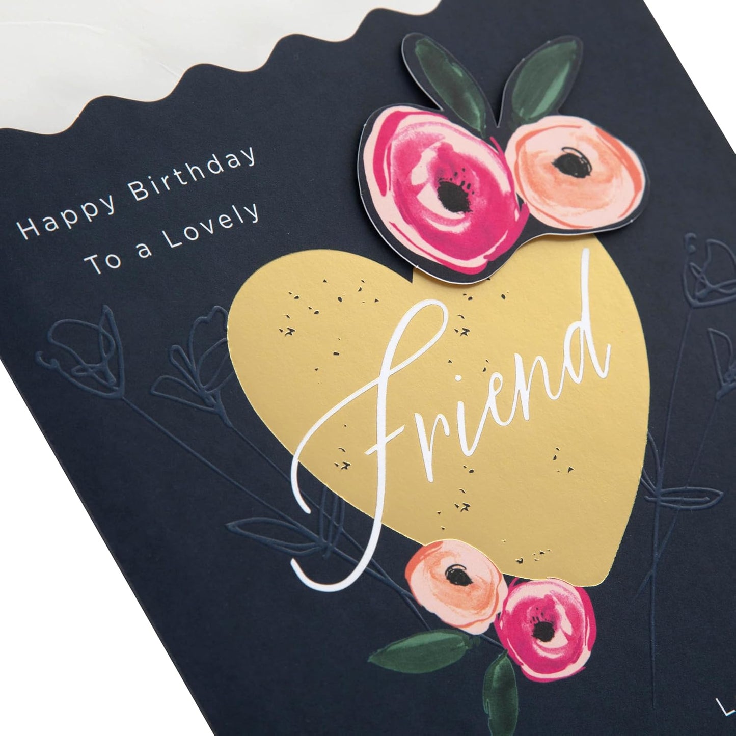 Gold Heart & Pink Flowers Friend Birthday Card