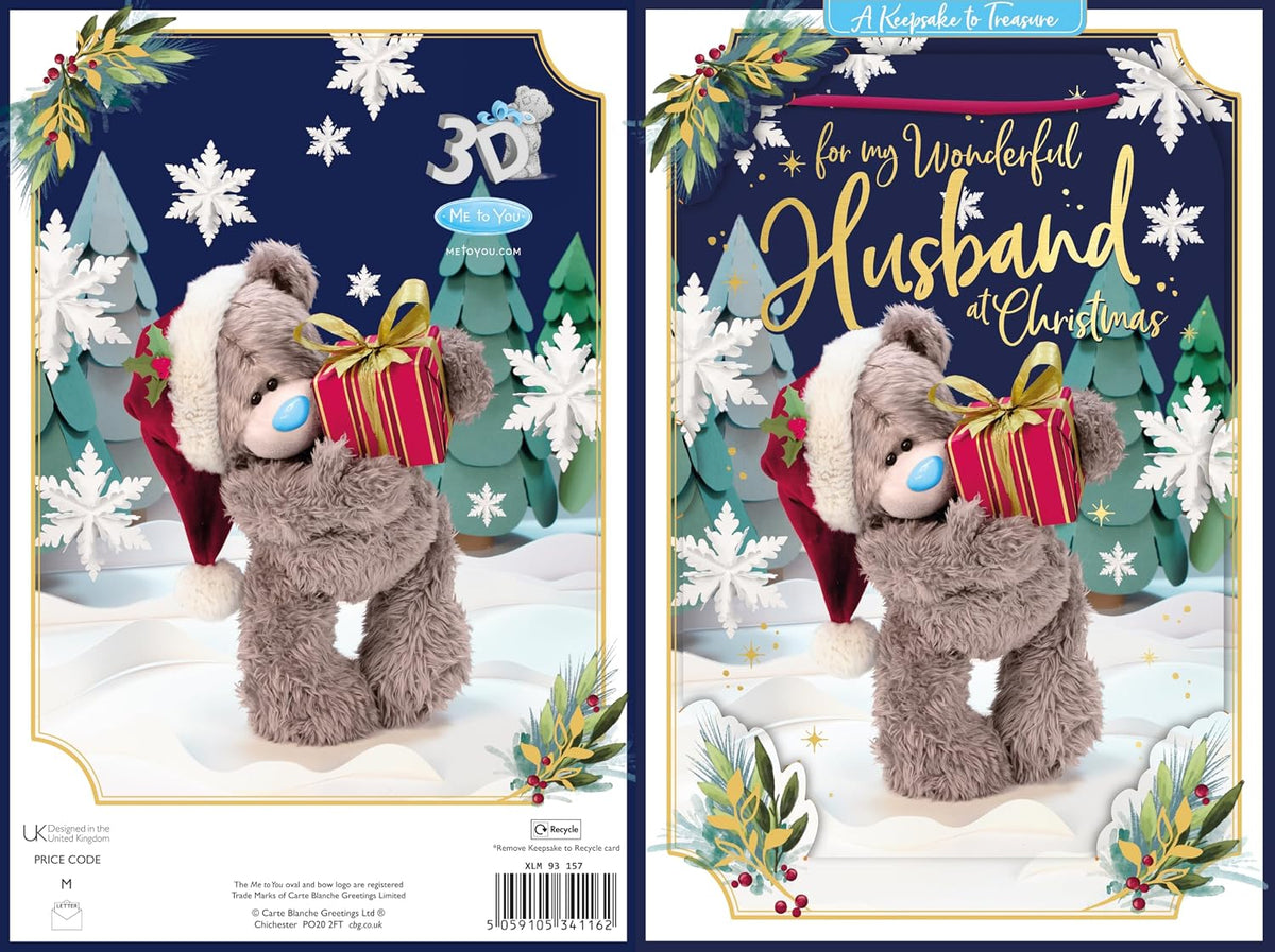 Bear Holding Gift Wonderful Husband 3D Christmas Keepsake Card
