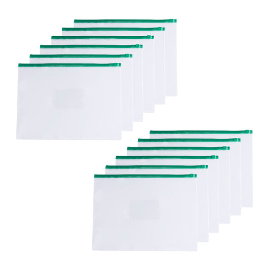 Pack of 12 A3 Clear Zippy Bags with Green Zip