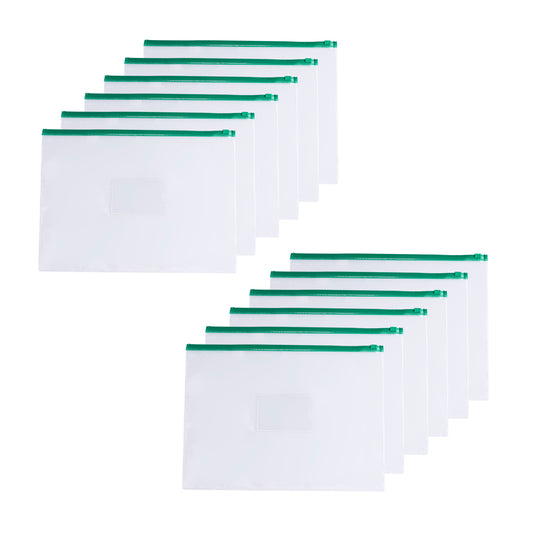Pack of 12 A4+ Foolscap Clear Zippy Bags with Green Zip