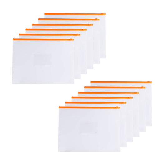 Pack of 12 A4+ Foolscap Clear Zippy Bags with Orange Zip