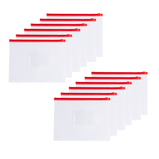 Pack of 12 A5 Clear Zippy Bags with Red Zip