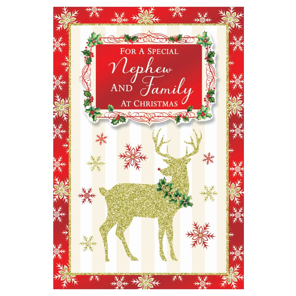 For a Special Nephew and Family Golden Reindeer Festive Design Christmas Card