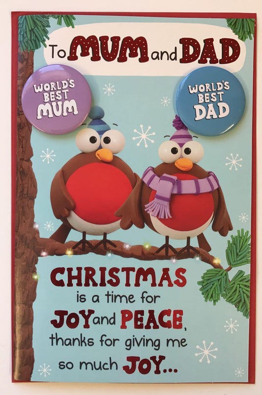 World's Best Mum And Dad Christmas Card With Badge 