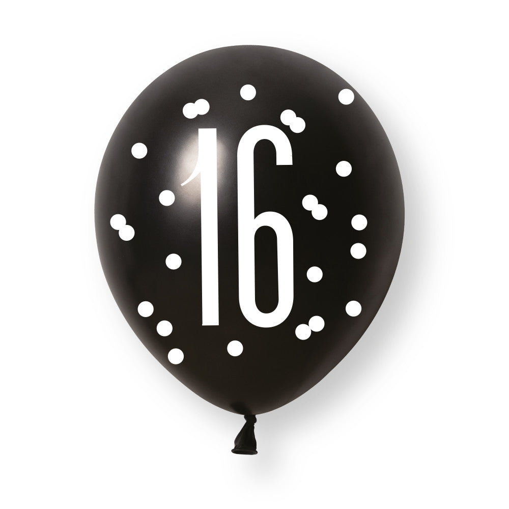 Pack of 6 Birthday Black Platinum Pearl Glitz Number 16 12" Latex Balloons