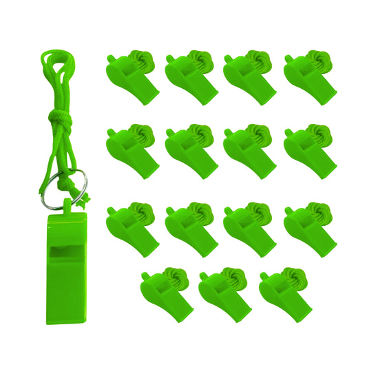 Bag of 10 Green Plastic Whistles with Lanyard Neck Cord