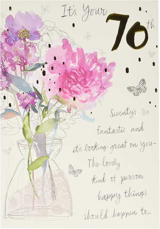 70th Birthday Card Classic Embossed Floral Design 