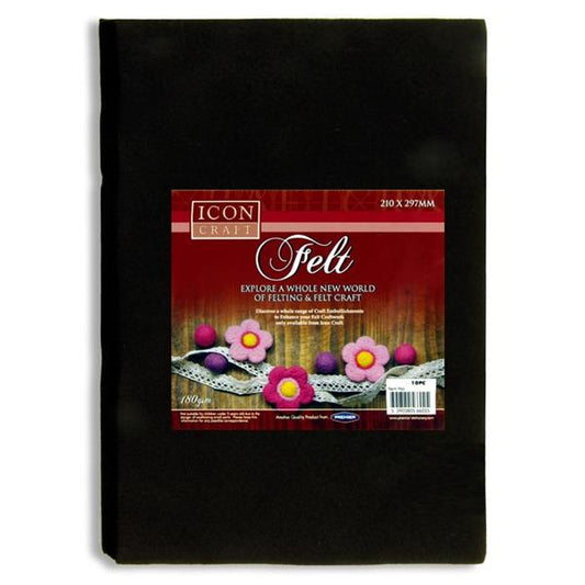 Pack of 10 A4 Black Felt Sheets by Icon Craft