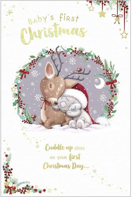 Bear Snuggling Up With Reindeer Baby's First Christmas Christmas Card