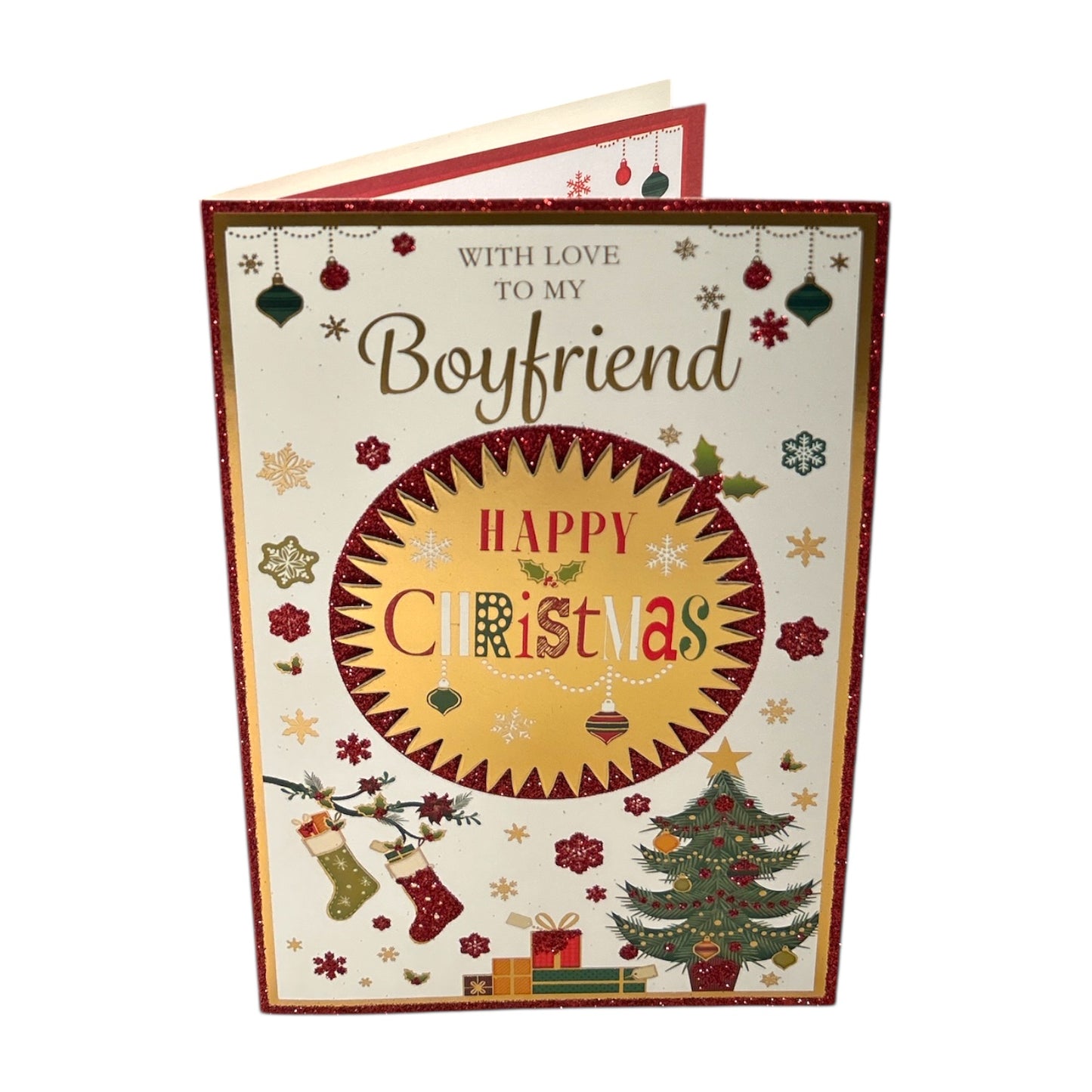With Love To My Boyfriend Xmas Tree Design Foil and Glitter Finished Christmas Card