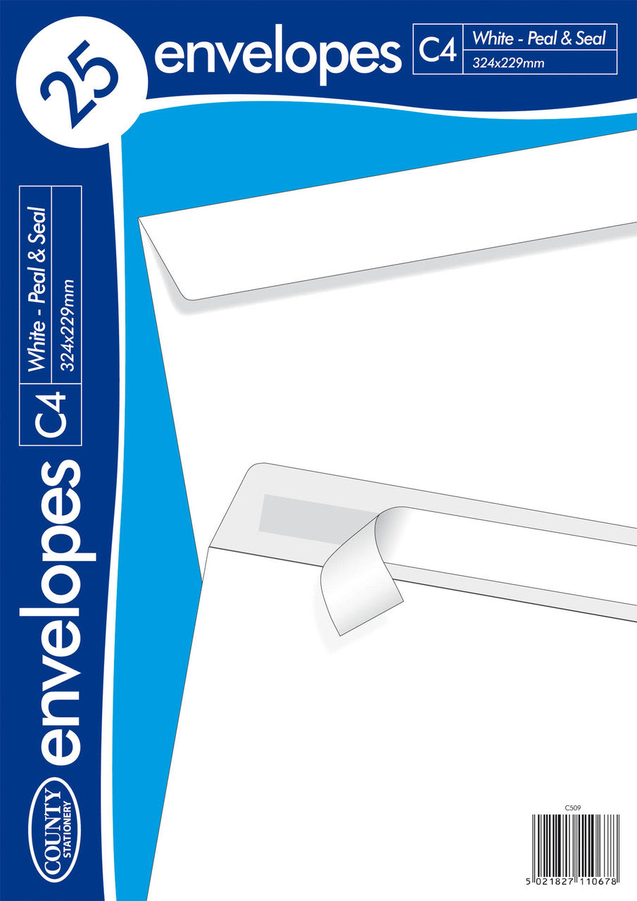 County Peel & Seal 25 Pack C4 Envelopes White (90gsm)