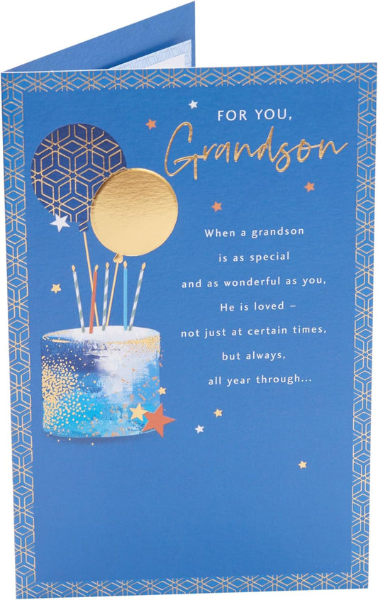 Blue & Gold Cake Design Grandson Birthday Card