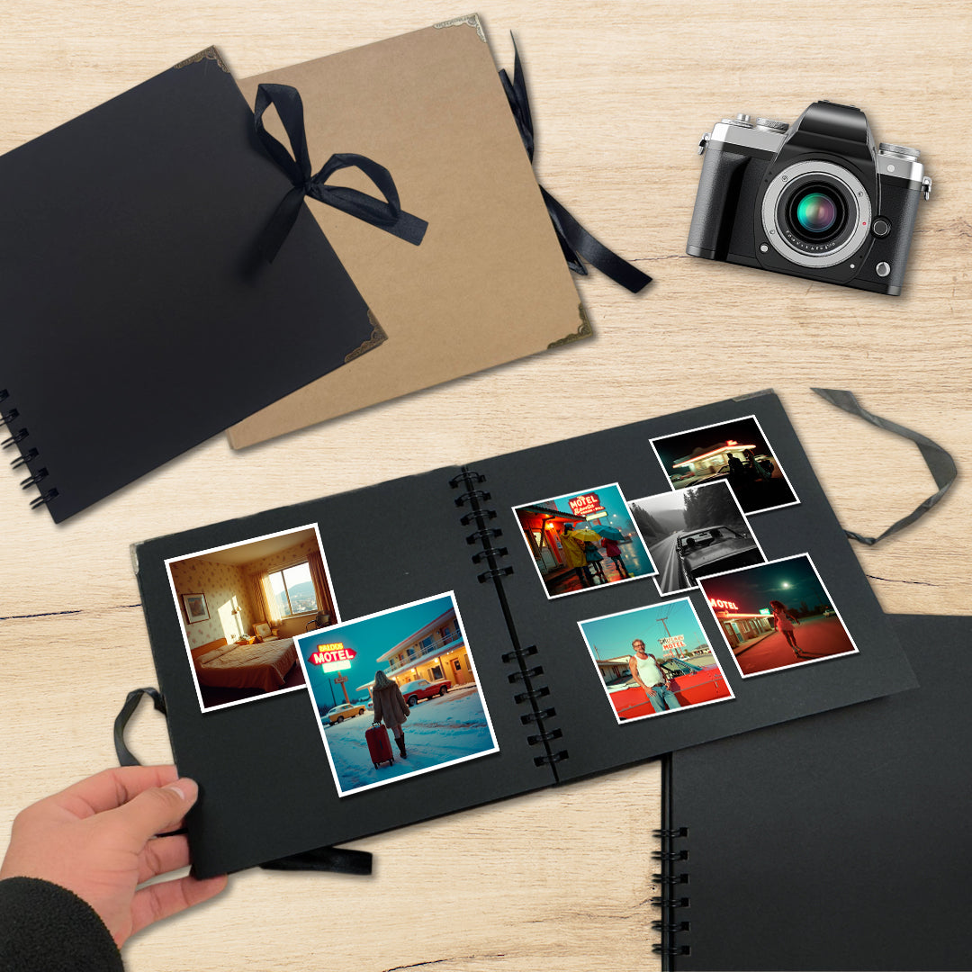 Pack of 12 Spiral Bound 180gsm Kraft & Black Scrapbooks with Ribbon Closure and Metal Corners - 30 Sheets 20x20cm