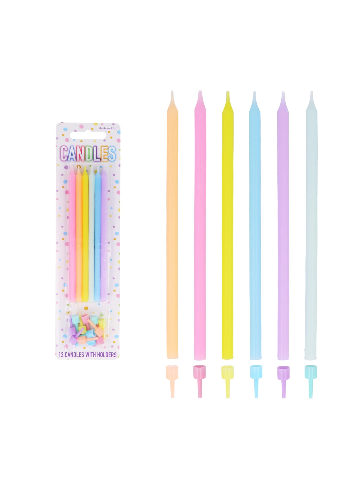 Pack of 12 Pastel Party Tall Candles with Holders (12.5cm)