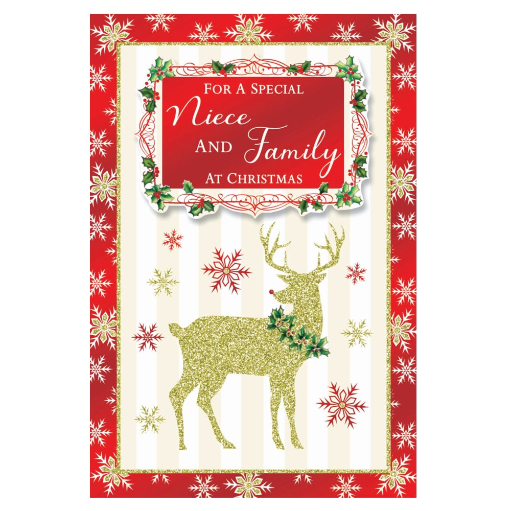 For a Special Niece and Family Golden Reindeer Festive Design Christmas Card