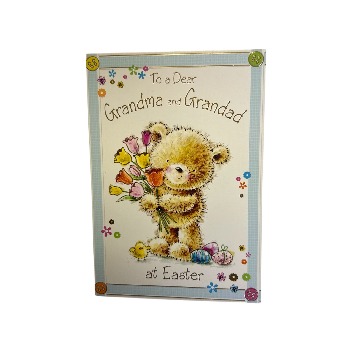 To Dear Grandma And Grandad Cute Teddy Holding Tulip Flowers Design Easter Card