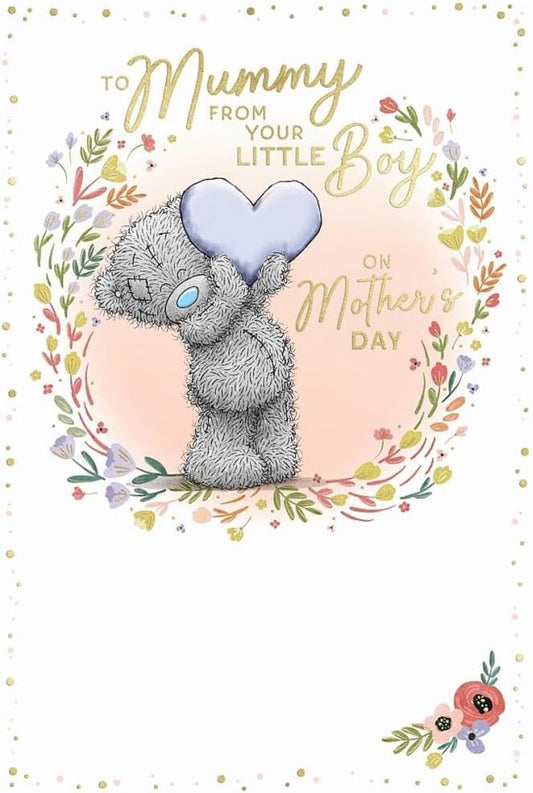 Bear Holding Blue Heart Mummy From Little Boy Mother's Day Card
