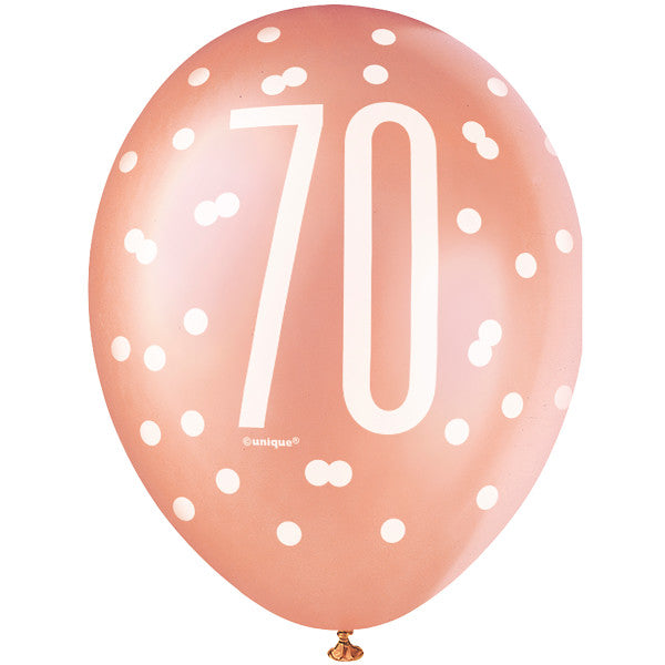 Pack of 6 12" 70 Birthday Rose Gold Glitz Latex Balloons