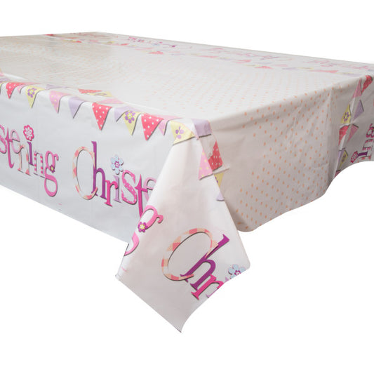 Pink Bunting Christening Rectangular Plastic Table Cover, 54"x84"