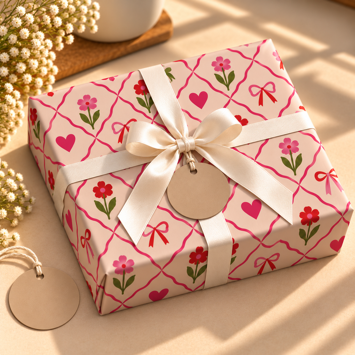 Pack of 2 Sweet Blooms Design 50 x 70 cm Gift Wrap Sheets with 2 Tags - Valentine’s Mother's Day Birthdays Everyday Celebrations