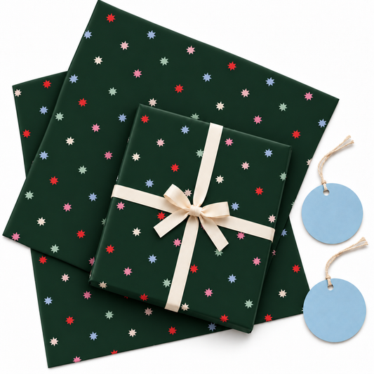 Pack of 2 Christmas Midnight Starfall Design 50 x 70 cm Gift Wrap Sheets with 2 Tags - Christmas Birthdays Kids Party Holiday Gifting